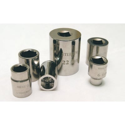 Samling af rustfrie toppe fra Steritool, herunder en 22mm og en 6mm top på hvid baggrund.