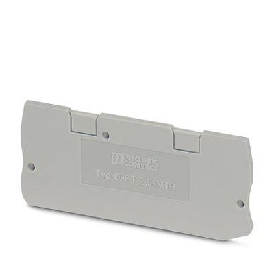 Phoenix Contact endeplade D-PT 2,5-MTB i grå plast til afslutning af rækkeklemmer, vist på hvid baggrund.