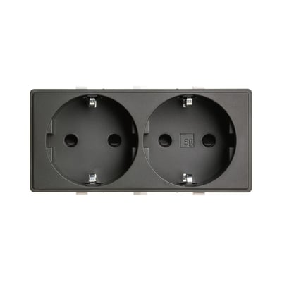 Stikkontakt Schuko +S i antracit med to udtag, 16A, 2M design, med tydelig SG-logo på den højre stikkontakt.