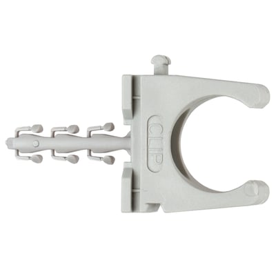 Fischer Clipfix Rørclips SF PLUS RC IEC 32 i grå plast med formonteret dybel og skrue, klar til hurtig montering.