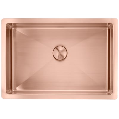 Lavabo Low håndvask i rustfrit stål med PVD-kobberoverflade, set ovenfra med firkantet kumme og bundventil.