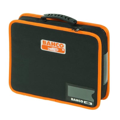 Lukket Bahco værktøjsmappe i sort polyester med orange kant og håndtag, med synlig Bahco logo.