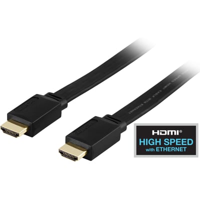 DELTACO fladt HDMI kabel på 1 meter med sorte, guldbelagte HDMI Type A stik og 'HIGH SPEED with ETHERNET' mærkat.