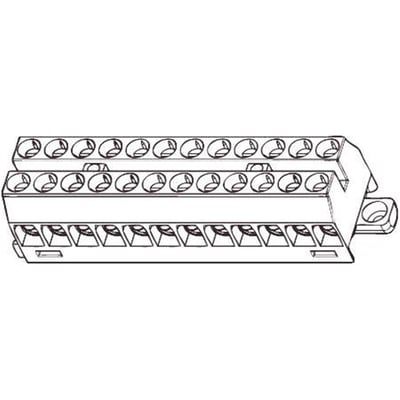 Teknisk tegning af Ensto rækkeklemme 1640SP-12, der viser dens 12 tilslutninger og monteringsdetaljer.