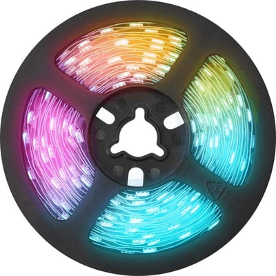 Sonoff LED Strip L2 Lite viklet på en spole, lyser i et gradient af farver fra pink til blå og gul.