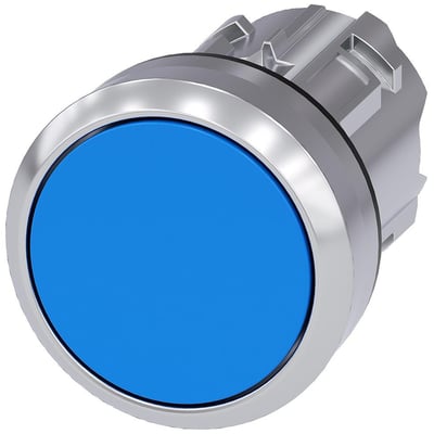 Siemens trykknap med 22 mm diameter, rund blå knap i metal med højglans finish og låsende funktion.