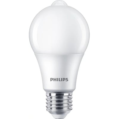 Philips LED-standardpære med mat, rund kuppel og synlig E27-sokkel, set forfra. Pæren bruger 8 W og giver 806 lm.