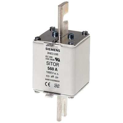 Siemens SITOR sikring 3NE3 335, NH2, 560A, 1000V a.c., gR, med slidsede bladkontakter og frontindikator.