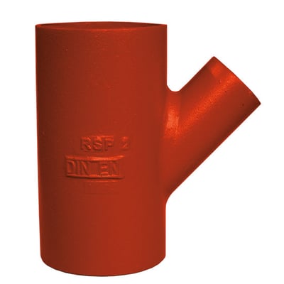 Rødt SML grenrør i støbejern med dimensionerne 83 x 58 mm og en 45° vinkel, viser 'RSF 2' og 'DIN EN' prægninger.