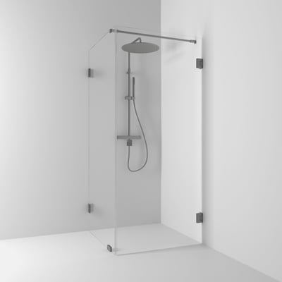 Svedbergs kombi brusehjørne på 100x90x200 cm i sort med klare glasvægge og mørke beslag, set forfra.