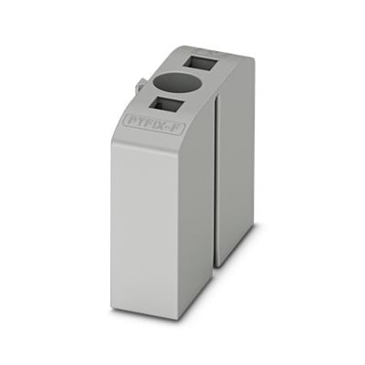 Phoenix Contact PTFIX 1,5-F flange i grå plast med skruefiksering, bredde 7,7 mm og højde 17,7 mm.