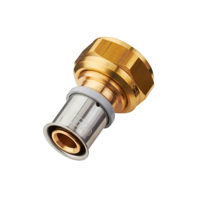 Roth MS-forskruning i messing og rustfrit stål til 20mm alupex rør, med 1" indvendigt gevind og omløber.