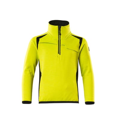 Mascot børnefleecetrøje i Hi-Vis gul og sort med lynlås i halsen og reflekser på siden.
