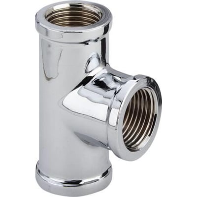 Forkromet messing T-stykke med 1/2" gevindstørrelse, vist mod hvid baggrund med synlige indvendige gevind.