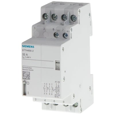 Siemens fjernbetjeningskontakt 32A, 230VAC, med 4 NO kontakter og modelnummer 5TT4456-2, vist på hvid baggrund.