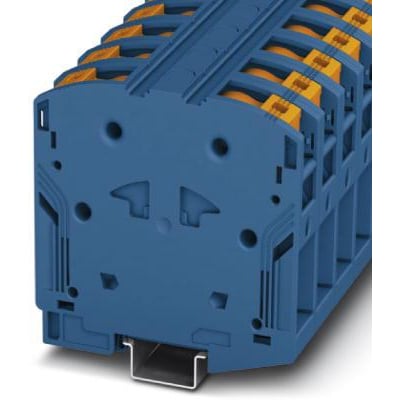 Phoenix Contact PTPOWER 50 BU stærkstrømsklemme i blå, vist med Power-Turn tilslutning og monteret på en NS 35/15 skinne.