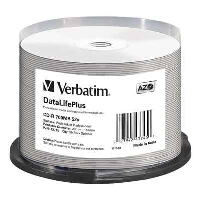 Verbatim CD-R AZO på spindel med hvid, printbar overflade; etiketten viser 700 MB og 52x.