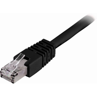 DELTACO F/UTP Cat6 patchkabel i sort, 1 meter, med RJ45-stik og robust gummi-træk aflastning.