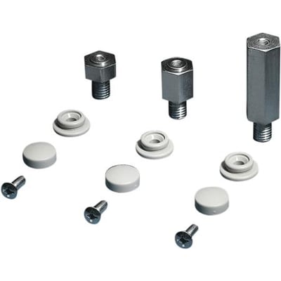 Rittal afstandsstykker til topplade TS SZ, inklusive skruer og hvide dækkapper, isoleret på hvid baggrund.