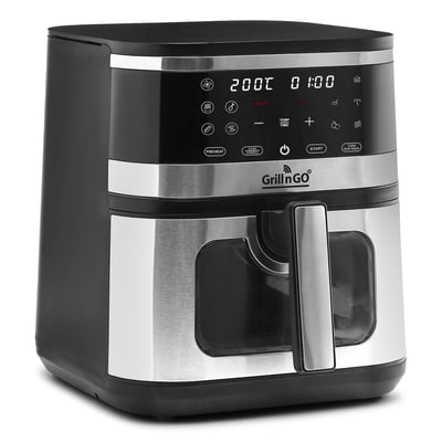 Grillngo Airfryer Barcelona med 8 liters kapacitet, viser det sorte kabinet og fronten med rustfri stål-detaljer og et stort vindue.