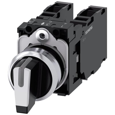 Siemens 22mm vælgerkontakt med lys i skinnende hvid metal med tre positioner og en momentan kontakttype.