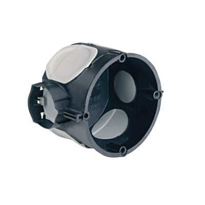 Kaiser UP-PLUS installationsdåse til indmuring, model Ø60 D46, med lufttætte membraner og skruehuller, set fra siden.