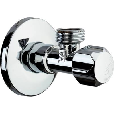 Nil stopventil i blank krom, lang model, med 1/2" x 3/8" tilslutning og en rund roset. Ventilen har et greb med facetter.