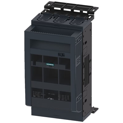 Siemens SENTRON 3NP1 sikringsafbryder, 3-polet, NH00, 160 A, med mærkeplade og tilslutningsdetaljer på mørk baggrund.