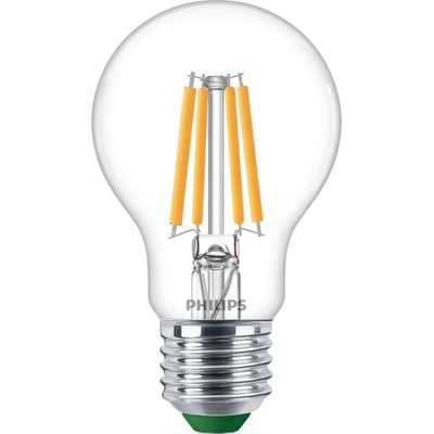 Philips Master Ultra Efficient Standard LED-lyskilde, klar glas, E27 sokkel med 2,3W effekt og synlige filamenter.