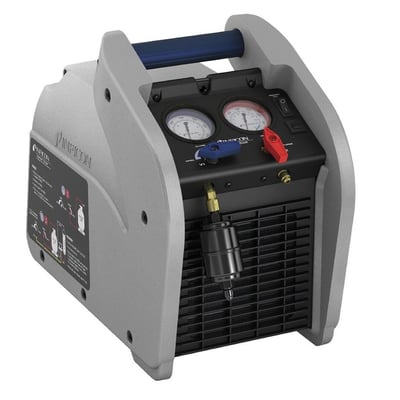 Vortex Dual A2L tømmeaggregat med purge i gråt kabinet, bærehåndtag, to manometre og farvede ventiler.