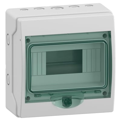 Schneider Electric Kaedra kapsling med fokus på siden og fronten, hvid, IP65, klar til installation af moduler.