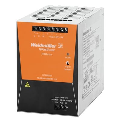 Weidmüller PROmax strømforsyning, 480W 24VDC 20A, med orange frontpanel og tydelige mærkninger for tilslutning og justering.