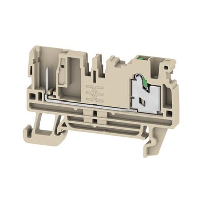 Weidmüllers mørk beige SPGTB 2.5 FT 2C/1 plug-in klemrække med to forbindelser, set skråt forfra.