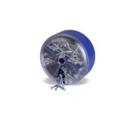 f-tronic montageskruer i boks med 300 stk. med tre forskellige længder i galvaniseret stål.