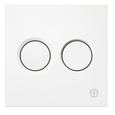 Gustavsberg Triomont XS pneumatisk fronttrykplade i hvid plast med to runde duo-knapper, set forfra.