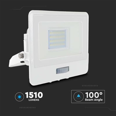V-TAC 20W projektør, der viser 1510 lumen lysstyrke og 100 graders spredningsvinkel.