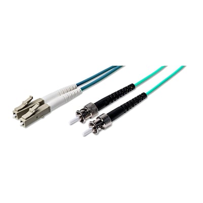 Fiberoptisk patchkabel med LC/PC-stik i grå og ST/PC-stik i krom, 3 meter lang og aqua-farvet kabel.