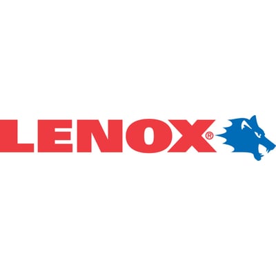 Lenox logo med rød tekst 'LENOX' og blå ulvehoved-maskot med hugtænder synlige.