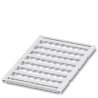 Oversigtsbillede af et ark med Phoenix Contact UCT-TM 5 mærkeskilte, der viser 72 hvide skiltlommer uden mærkning på en ren baggrund.