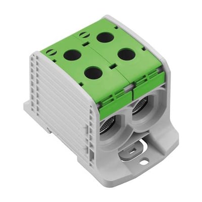 Weidmüller WPD 232 fordelerklemme i grå Wemid med grønt cover, 1000V og 250A, viser skrueterminaler til ledere.