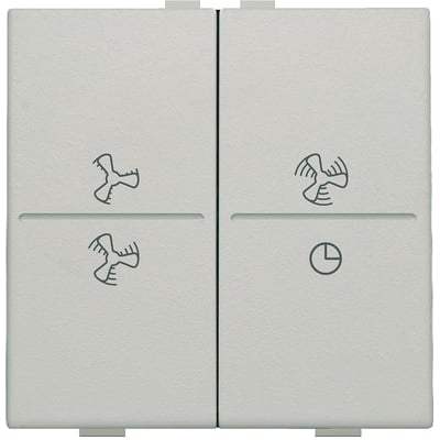 Niko grå tangent med symboler for slukket tilstand og 3 blæserhastigheder til trådløs 4-tryks betjening på hvid baggrund.