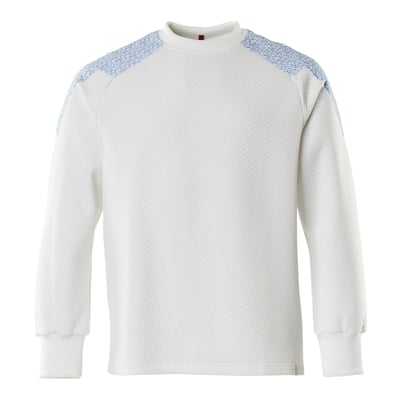Mascot Sweatshirt 20084 Food&Care i hvid og blå, str. 4XL, med quiltet mønster og blå detaljer på skuldrene.