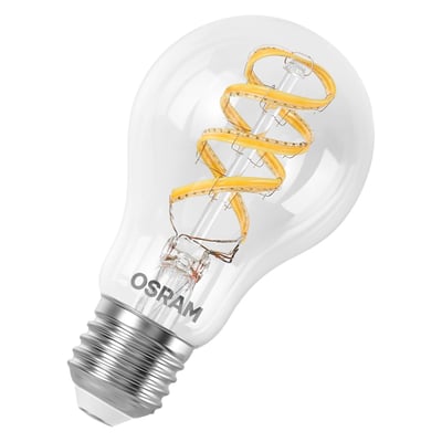 Ledvance Osram Smart+ Matter LED-pære med klar standardform, synlig spiralformet lyskilde og E27-fatning.