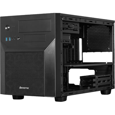 Sort Chieftec CI-02B-OP mATX-cube-kabinet med meshfront, vist uden sidepanel med indmaden synlig.