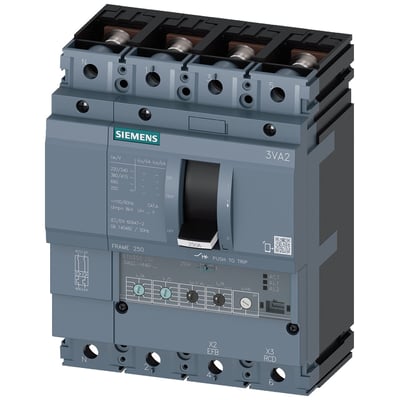 Siemens 3VA2 maksimalafbryder, 4-polet, 250A, med tydeligt Siemens logo og modelbetegnelse 3VA2 samt betjeningshåndtag og beskyttelsesindstillinger.