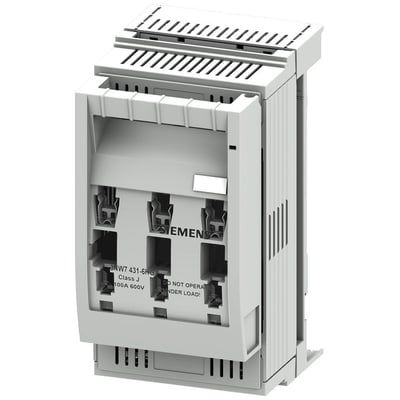 Siemens Sentron J sikringsholder, 3-polet, 100A, 600V, model 3NW7 431-6HG, med klar mærkning og instruktioner.