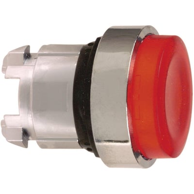 Schneider Electric rød trykknap Ø22mm med ophøjet kip-funktion og kromdetaljer, vist fra siden på mørk baggrund.