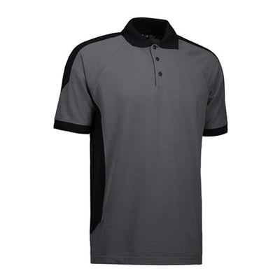 ID Identity Pro poloshirt i silver grey med sorte detaljer og krave, størrelse S, vist forfra mod en hvid baggrund.