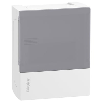 Schneider Electric MiniPragma-afdækning til én række med 6 moduler, hvid kapsling og gråtonet transparent dør.