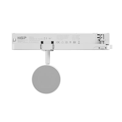 SpectrumLED Bluetooth højttaler til 3-faset skinne, 10W, 230V, hvid, vist med bagsiden opad for at vise tekniske mærkater.